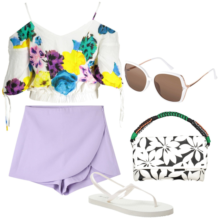 Outfit donna - La minigonna a portafoglio. Stile Romantica per Mare. Abbinamento con occhiali da sole, sandali, gonne, borse a spalla, vestiti corti.