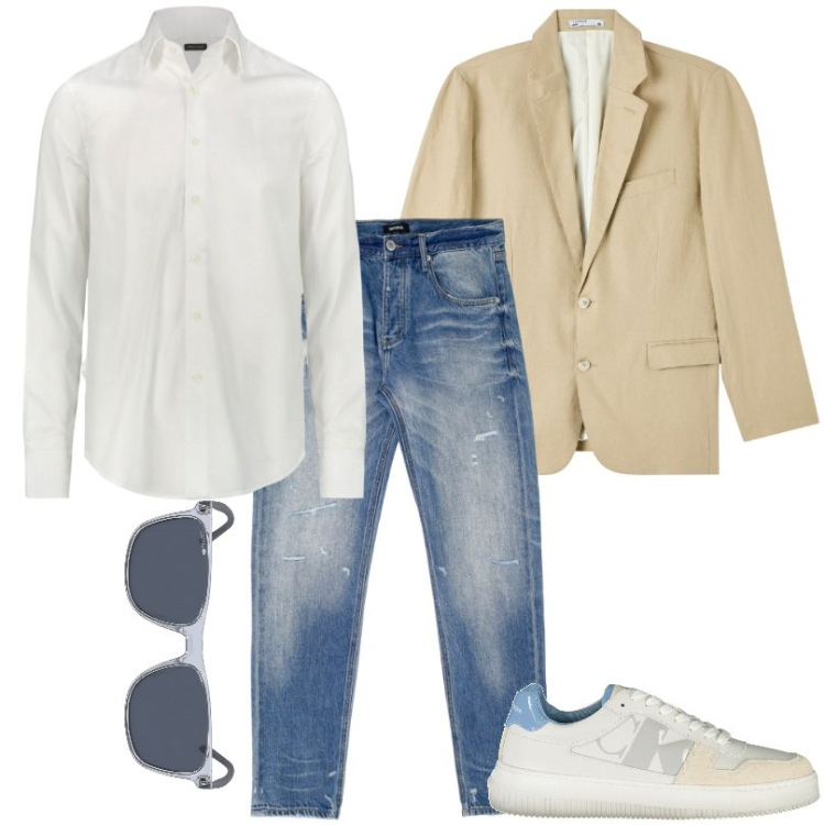 Outfit uomo - Giovane e trendy con la giacca di lino. Stile Casual per Ufficio. Abbinamento con giacche, jeans dritti, scarpe sportive, occhiali da sole, camicie.