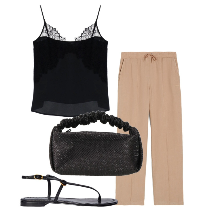 Outfit donna - Pizzo e pantalacci. Stile Bon Ton per Tutti i giorni. Abbinamento con borse a mano, top, pantaloni, sandali in pelle.