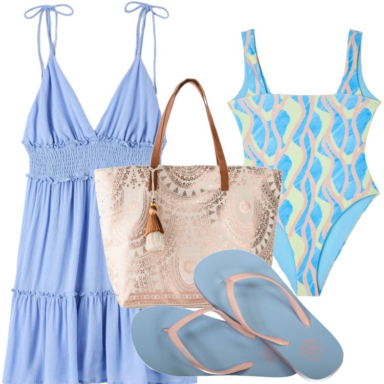 Outfit donna - Mare. Stile Basic per Mare. look ideale per Petite. Abbinamento con shopping bag, costumi interi, vestiti, infradito.