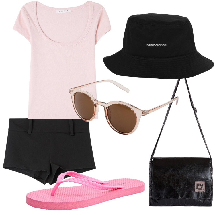 Outfit donna - Al mare con le amiche. Stile Boho per Tutti i giorni. look ideale per Petite. Abbinamento con occhiali da sole, t-shirt, infradito, shorts, cappelli, borse a tracolla.