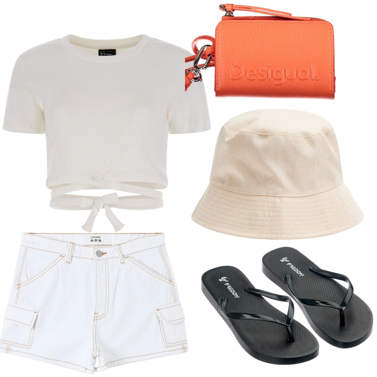 Outfit donna - Turista. Stile Bon Ton per Mare. look ideale per Petite. Abbinamento con pantaloni corti, cappelli, top, infradito, portafogli.