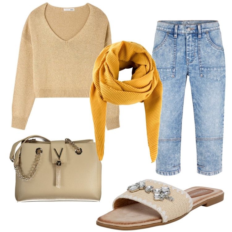 Outfit donna - Leggera brezza. Stile Bon Ton per Tutti i giorni. look ideale per Petite. Abbinamento con foulard, pantaloni capri, ciabatte, maglieria, borse a spalla.
