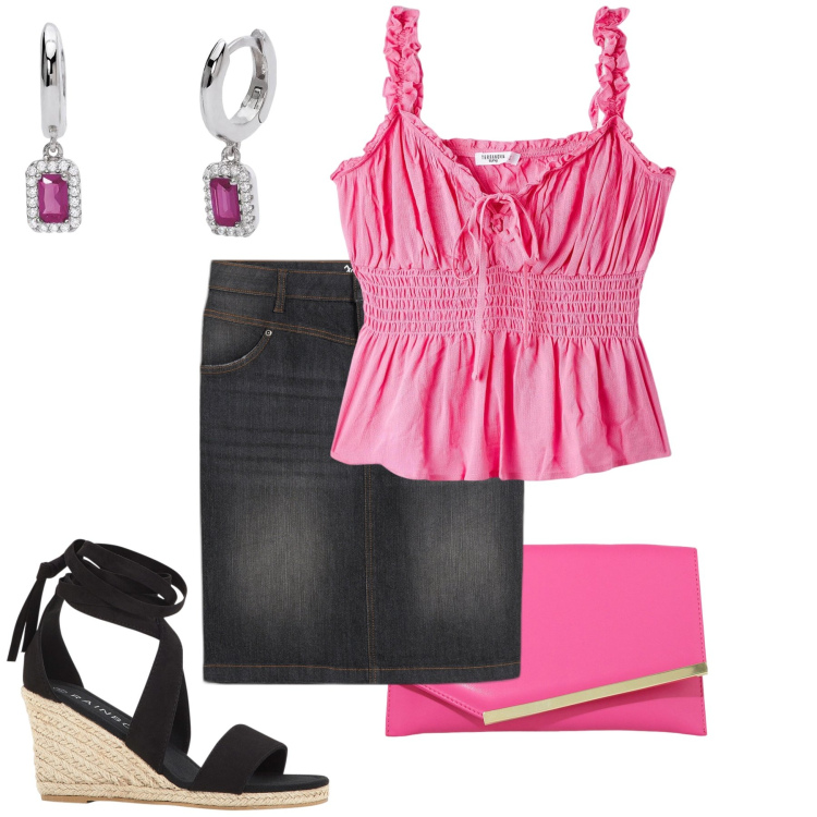 Outfit donna - Top e pochette fucsia. Stile Casual chic per Serata fuori. Abbinamento con gonne, sandali, top, orecchini, pochette.