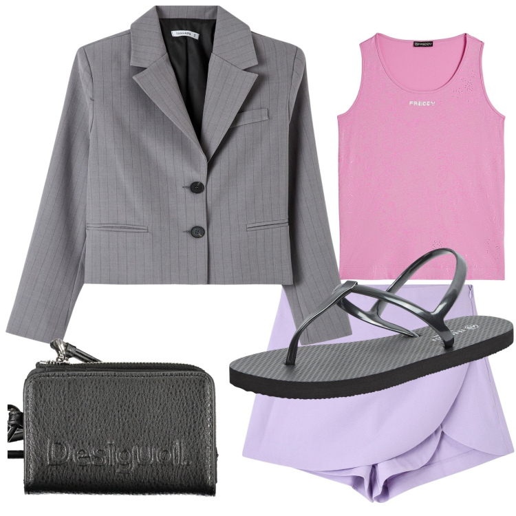 Outfit donna - Serata libera. Stile Casual per Tutti i giorni. look ideale per Petite. Abbinamento con sandali, gonne, blazer, canottiere, portafogli.
