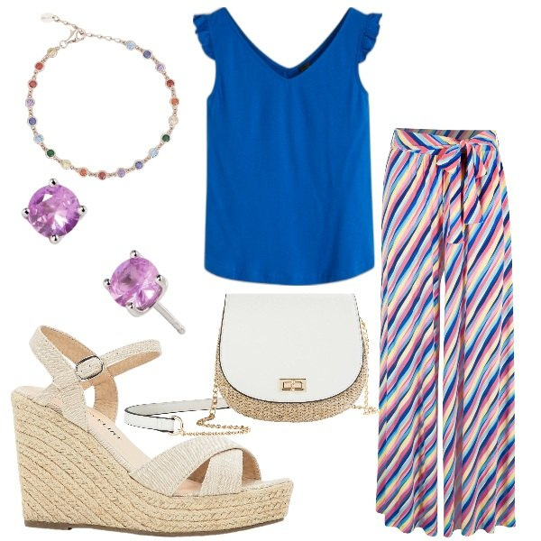 Outfit donna - Panta palazzo multicolor. Stile Casual chic per Tutti i giorni. Abbinamento con pantaloni a palazzo, top, sandali, borse a tracolla, braccialetti, orecchini.