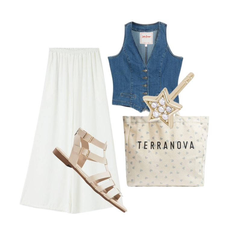 Outfit donna - Giornate fuori casa! LA SPILLA. Stile Sporty chic per Tutti i giorni. Abbinamento con gilet, sandali, top, pantaloni, shopping bag, orecchini.