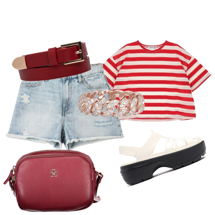 Outfit donna - Total look #1905648. Stile Casual per Serata fuori. Abbinamento con shorts, anelli, t-shirt, cinture, sandali, borse a tracolla.