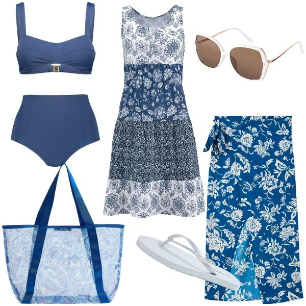 Outfit donna - Al mare. Stile Minimal per Mare. Abbinamento con vestiti corti, occhiali da sole, vestiti da spiaggia, infradito, shopping bag, bikini.