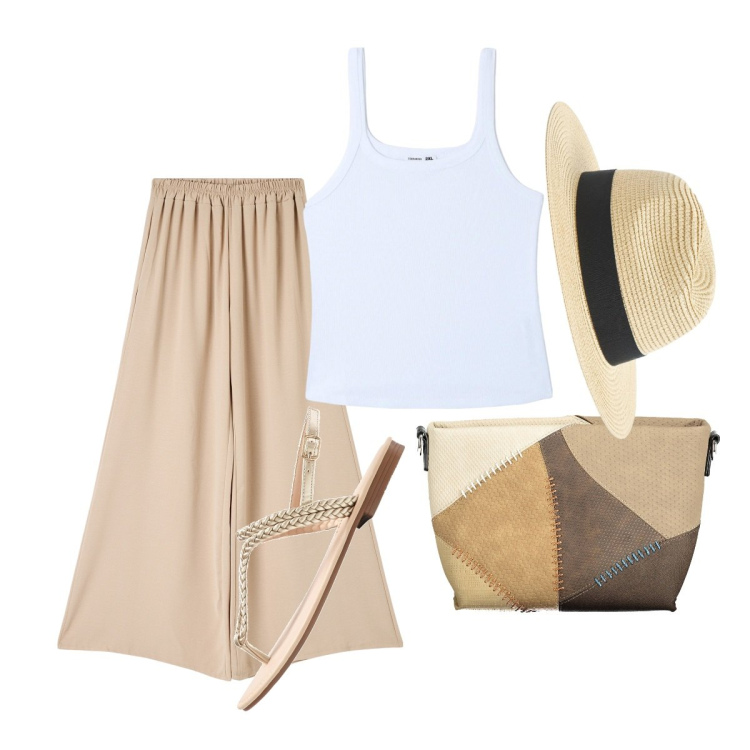 Outfit donna - Rustica!. Stile Minimal per Tutti i giorni. Abbinamento con ciabatte, cappelli, pantaloni, top, borse a tracolla.