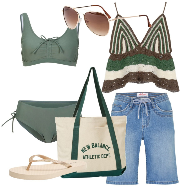 Outfit donna - Comfy al mare. Stile Military per Mare. Abbinamento con bermuda, bikini, occhiali da sole, infradito, borse tote, top.