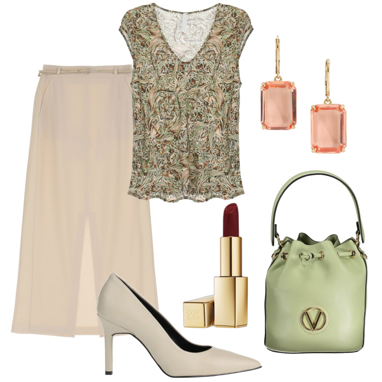 Outfit donna - Ufficio verde salvia & crema. Stile Bon Ton per Ufficio. Abbinamento con décolleté, rossetti, canottiere, gonne longuette, orecchini, borse a spalla.