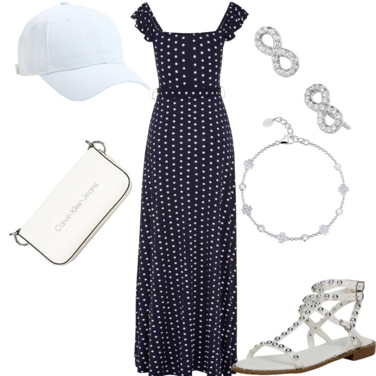 Outfit donna - Abito Estivo Lungo. Stile Casual per Tutti i giorni. Abbinamento con vestiti lunghi, cappelli, sandali, orecchini, braccialetti, borse a spalla.