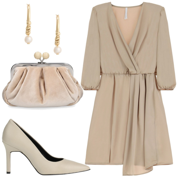 Outfit donna - Toni neutri. Stile Bon Ton per Tutti i giorni. look ideale per Petite. Abbinamento con décolleté, vestiti corti, orecchini, pochette.