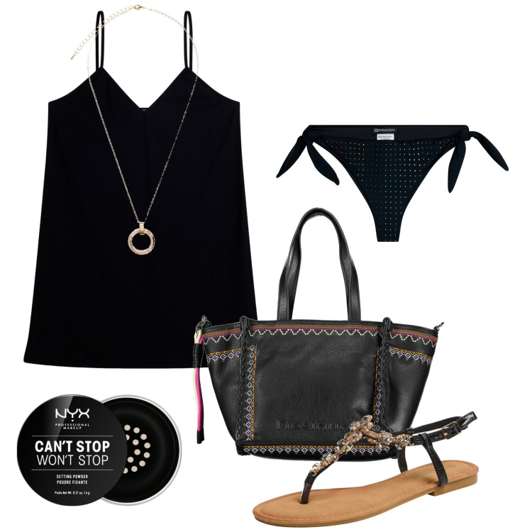 Outfit donna - Total look #1905698. Stile Etnico per Mare. Abbinamento con collane, sandali gioiello, ciprie, vestiti corti, bikini, collane.