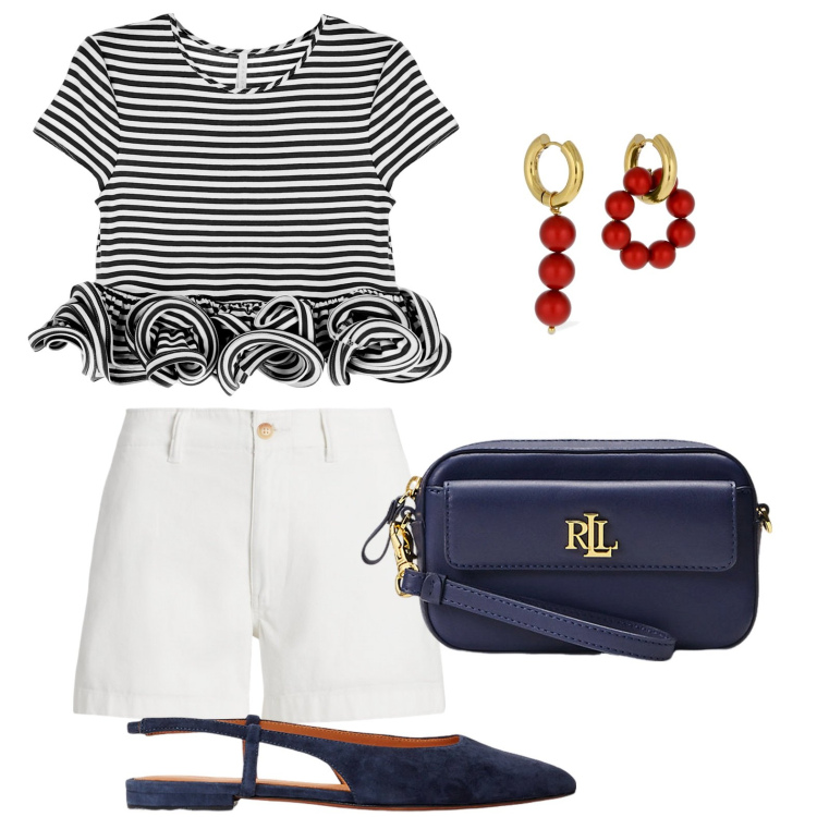 Outfit donna - Carina. Stile Bon Ton per Tutti i giorni. look ideale per Petite. Abbinamento con t-shirt, pochette, ballerine, minigonne, orecchini.