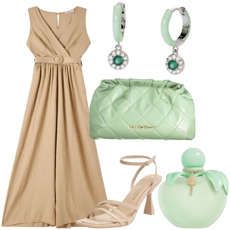 Outfit donna - Total look #1905707. Stile Casual chic per Tutti i giorni. Abbinamento con profumi, tute, sandali col tacco, orecchini, borse a spalla.