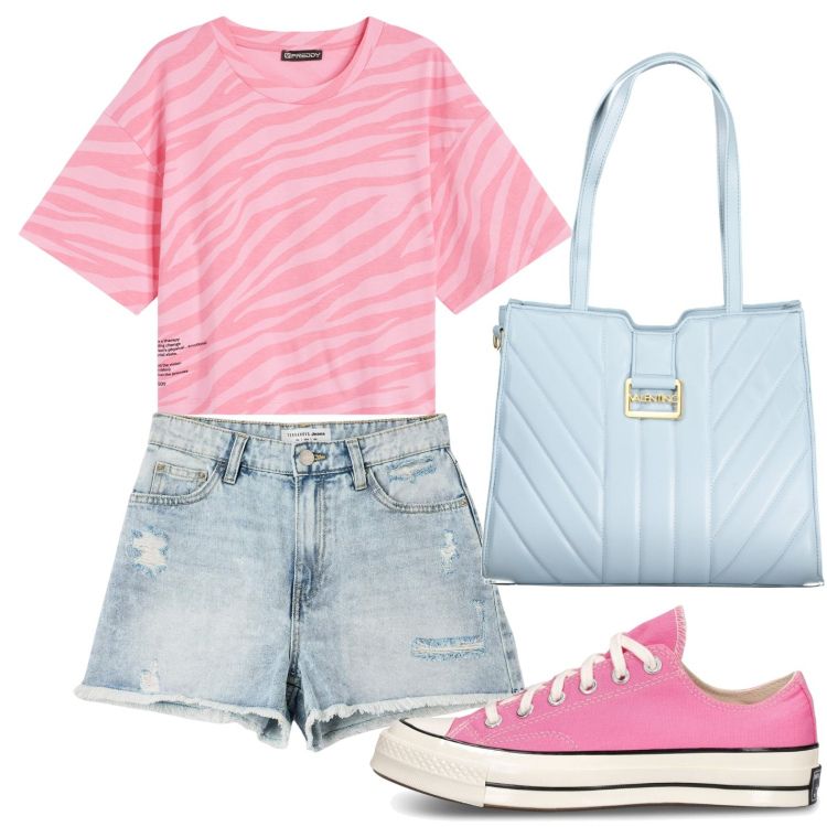Outfit donna - Spensierata in short. Stile Basic per Tutti i giorni. look ideale per Petite. Abbinamento con shorts, t-shirt, sneakers, borse a spalla.