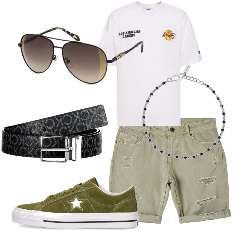 Outfit uomo - L\'estate alle porte. Stile Casual per Tutti i giorni. Abbinamento con bermuda, braccialetti, t-shirt, sneakers, cinture, occhiali da sole.