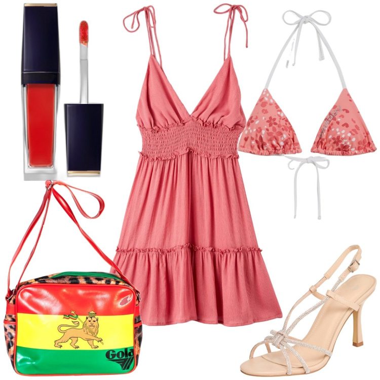 Outfit donna - Total look #1905743. Stile Trendy per Mare. Abbinamento con rossetti, vestiti corti, sandali col tacco, bikini, borse a spalla.