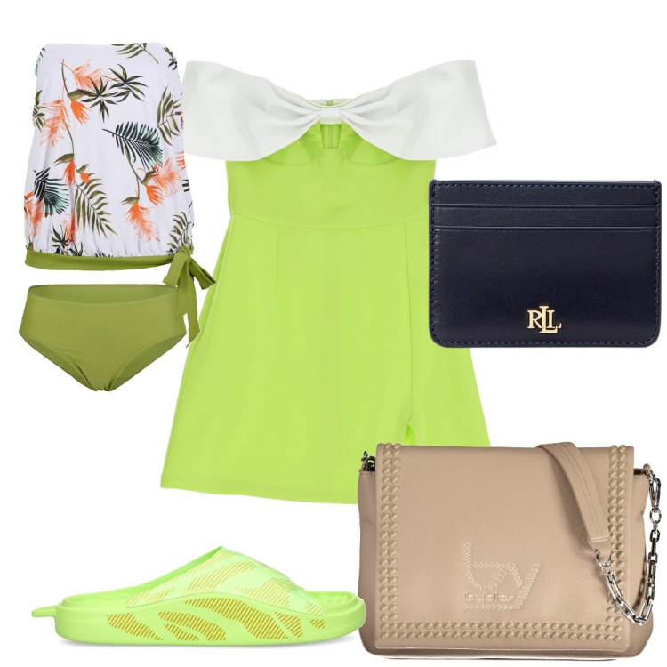 Outfit donna - Total look #1905744. Stile Trendy per Mare. Abbinamento con costumi interi, vestiti corti, portafogli, sandali, borse a spalla.