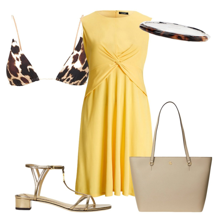 Outfit donna - Total look #1905748. Stile Minimal per Mare. Abbinamento con borse tote, vestiti, braccialetti, sandali in pelle, bikini.
