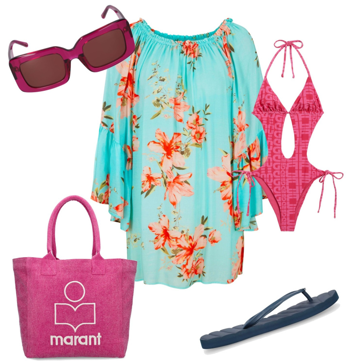 Outfit donna - Tutto il giorno in spiaggia. Stile Bon Ton per Mare. Abbinamento con vestiti da spiaggia, costumi interi, occhiali da sole, shopping bag, zeppe.