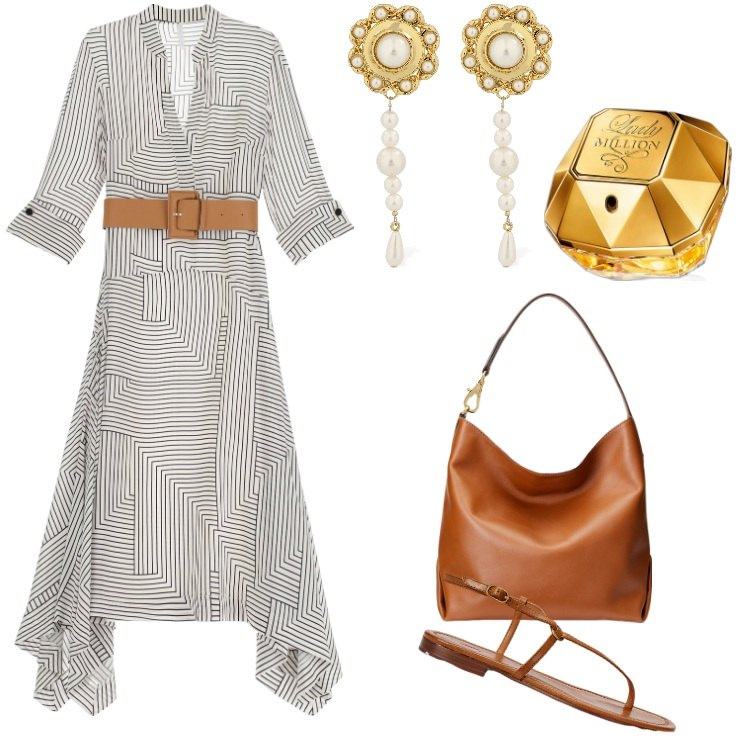 Outfit donna - Total look #1905779. Stile Etnico per Mare. Abbinamento con profumi, vestiti asimmetrici, borse a spalla, sandali in pelle, orecchini.