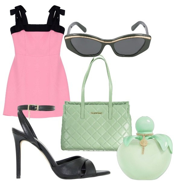 Outfit donna - outfit dell\'estate. Stile Romantica per Tutti i giorni. Abbinamento con profumi, vestiti corti, décolleté, occhiali da sole, borse a spalla.