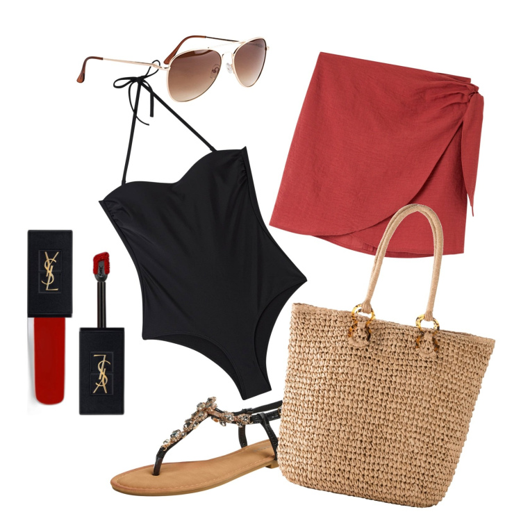Outfit donna - Outfit per un\'estate esplosiva. Stile Casual chic per Mare. Abbinamento con occhiali da sole, shopping bag, rossetti, vestiti da spiaggia, costumi interi, sandali gioiello.