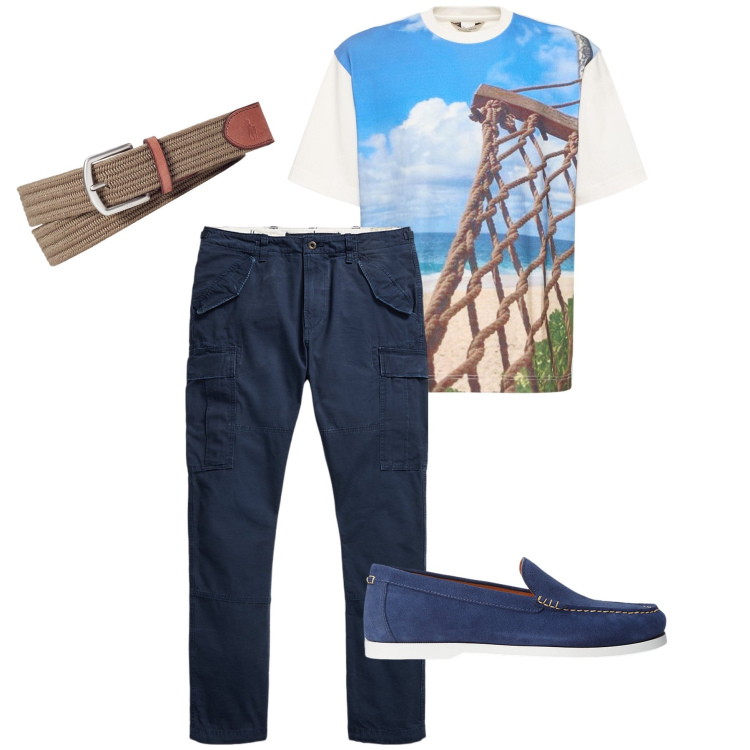 Outfit uomo - La stampa sulla t-shirt. Stile Urban per Ufficio. Abbinamento con cinture, scarpe stringate, pantaloni cargo, t-shirt.