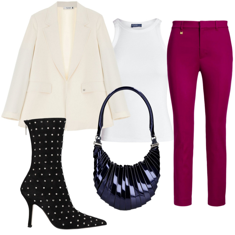Outfit donna - Serata glamour. Stile Basic per Tutti i giorni. look ideale per Petite. Abbinamento con stivaletti, blazer, canottiere, pantaloni, borse a mano.