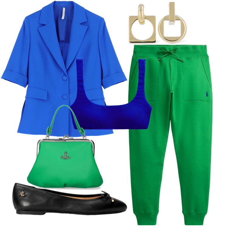 Outfit donna - Aperitivo. Stile Boho per Tutti i giorni. look ideale per Petite. Abbinamento con blazer, ballerine, pantaloni, top, orecchini, borse a mano.