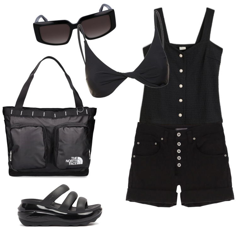 Outfit donna - Dalla spiaggia al chiringuito vicino. Stile Trendy per Mare. Abbinamento con top, shorts, ciabatte, bikini, shopping bag, occhiali da sole.