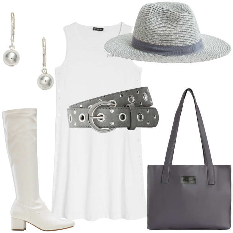 Outfit donna - Cowgirl. Stile Boho per Tutti i giorni. look ideale per Petite. Abbinamento con cinture, stivali, cappelli, shopping bag, vestiti senza maniche, orecchini.