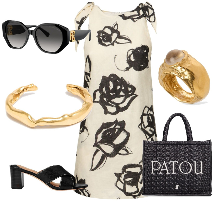Outfit donna - Aperitivo serale. Stile Casual chic per Serata fuori. Abbinamento con occhiali da sole, sandali in pelle, shopping bag, vestiti, braccialetti, anelli.