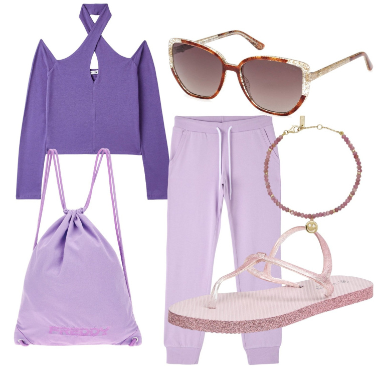 Outfit donna - Toni del viola. Stile Bon Ton per Tutti i giorni. look ideale per Petite. Abbinamento con sandali, pantaloni, t-shirt, braccialetti, zaini, occhiali da sole.