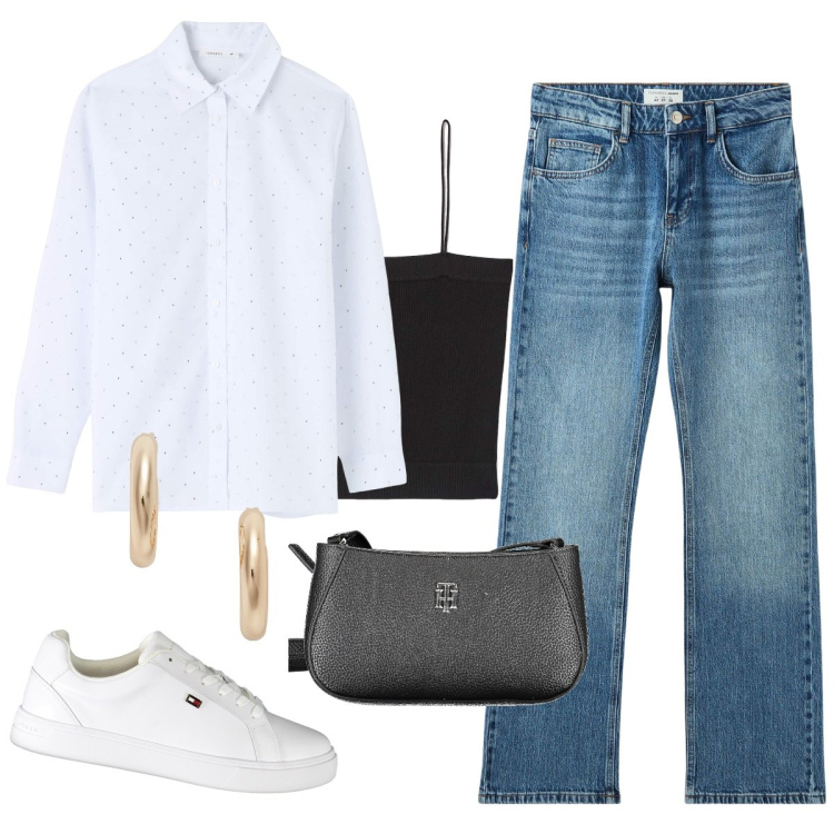 Outfit donna - semplice, basico e di tendenza. Stile Basic per Tutti i giorni. Abbinamento con canottiere, jeans slim fit, camicie, orecchini, borse a tracolla, sneakers.