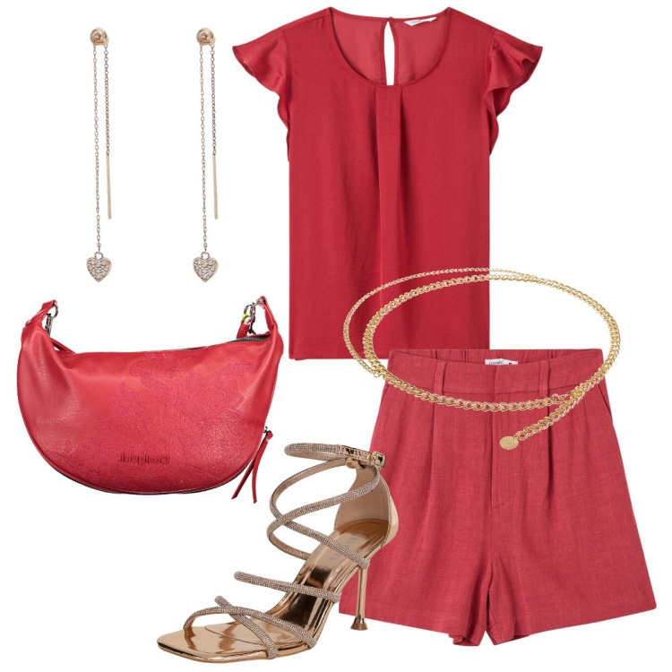 Outfit donna - Oro e fuoco. Stile Glamour per Serata fuori. Abbinamento con cinture, bluse, sandali col tacco, bermuda, orecchini, borse a spalla.