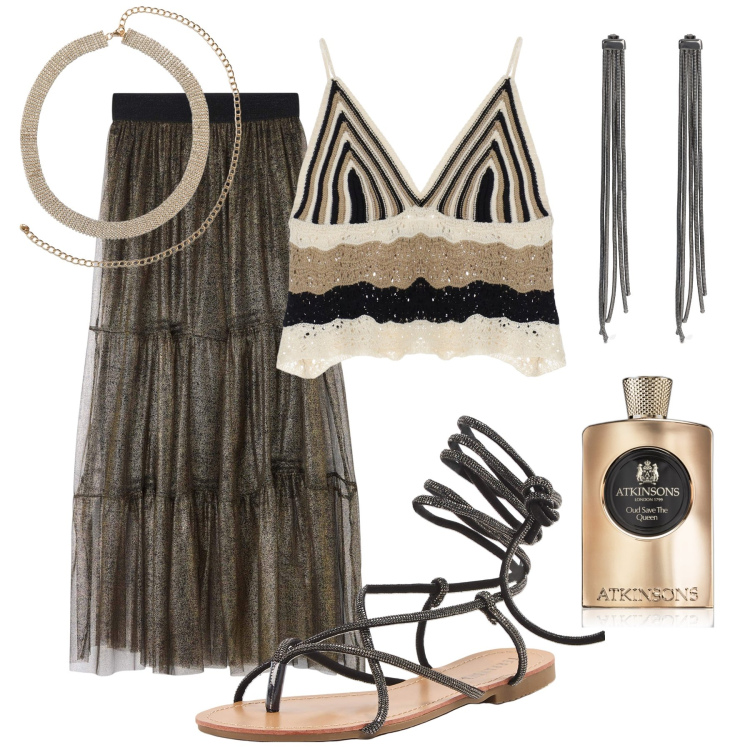 Outfit donna - In vacanza: la notte della taranta !. Stile Boho per Serata fuori. Abbinamento con profumi, gonne, collane, sandali alla schiava, top, orecchini.