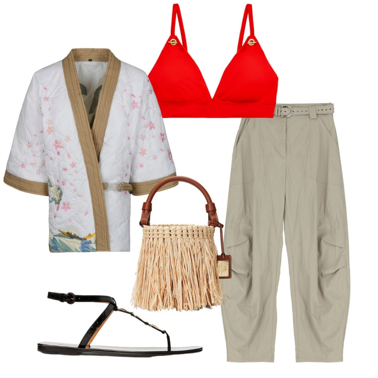Outfit donna - Dalle parti di Kyoto. Stile Bon Ton per Tutti i giorni. Abbinamento con pantaloni, top, sandali col tacco, borse a secchiello, kimono.