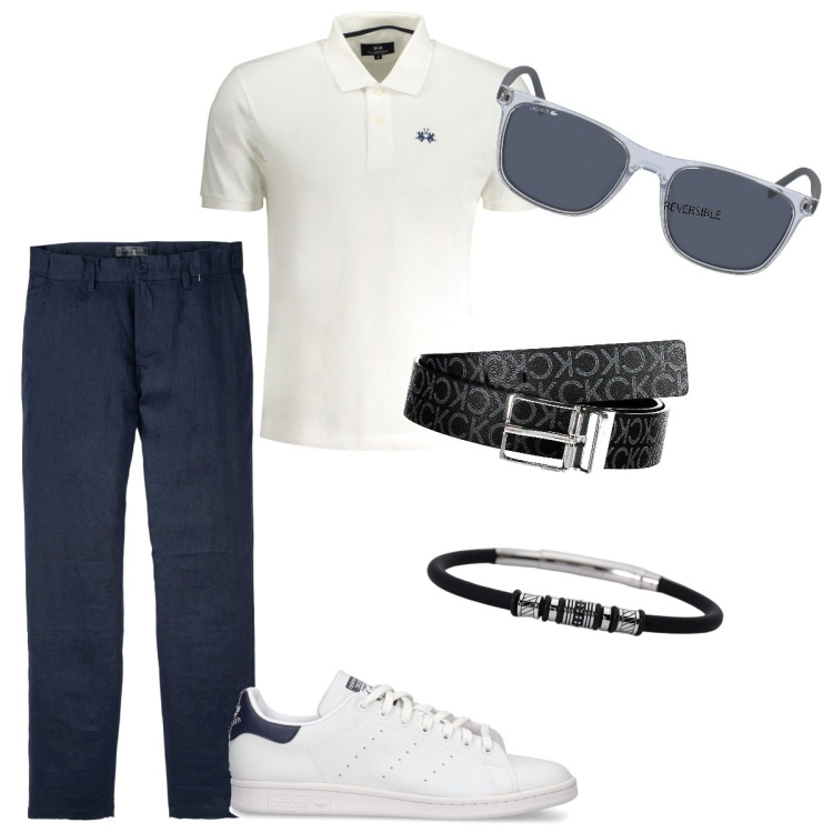 Outfit uomo - I pantaloni in lino, blu scuro. Stile Casual per Tutti i giorni. Abbinamento con pantaloni, braccialetti, sneakers, cinture, occhiali da sole, polo.