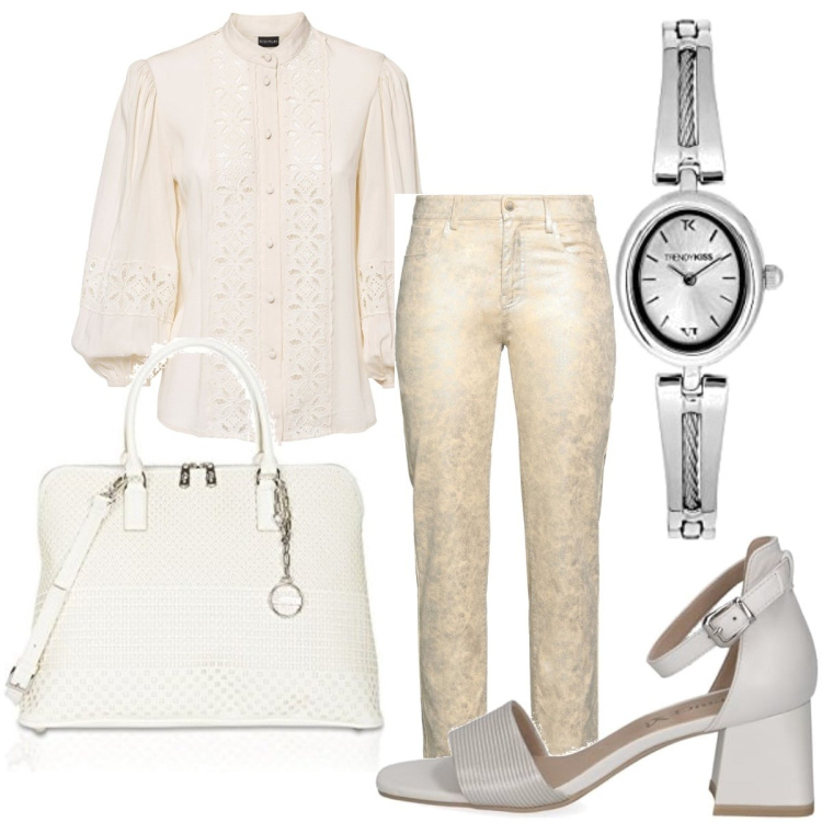 Outfit femme - Casual chic #11548. Style Casual chic pour Soirée dehors. Assortir avec tuniques, pantalon , sandales à talon, montres analogiques, sacs à main.