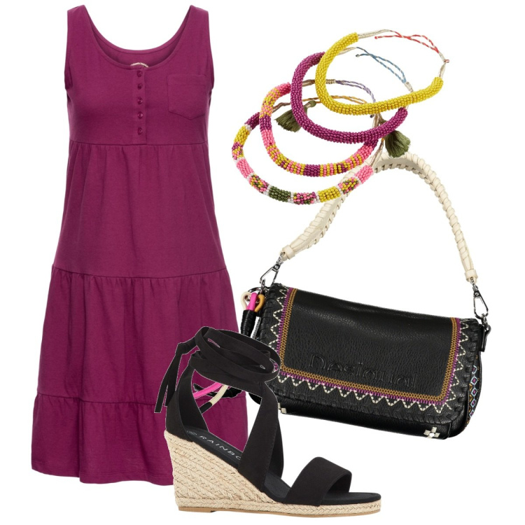 Outfit donna - Look leggero per il giorno/ curvy. Stile Casual chic per Tutti i giorni. Abbinamento con vestiti corti, braccialetti, sandali, borse a spalla.
