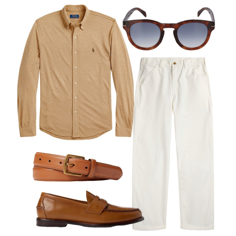 Outfit uomo - In vacanza. Stile Casual per Tutti i giorni. Abbinamento con camicie, cinture, scarpe stringate, pantaloni, occhiali da sole.