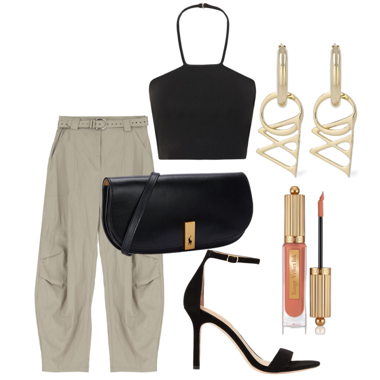 Outfit donna - Ghost outfitter - giugno. Stile Casual chic per Serata fuori. Abbinamento con rossetti, pantaloni, sandali col tacco, clutch, orecchini, top.