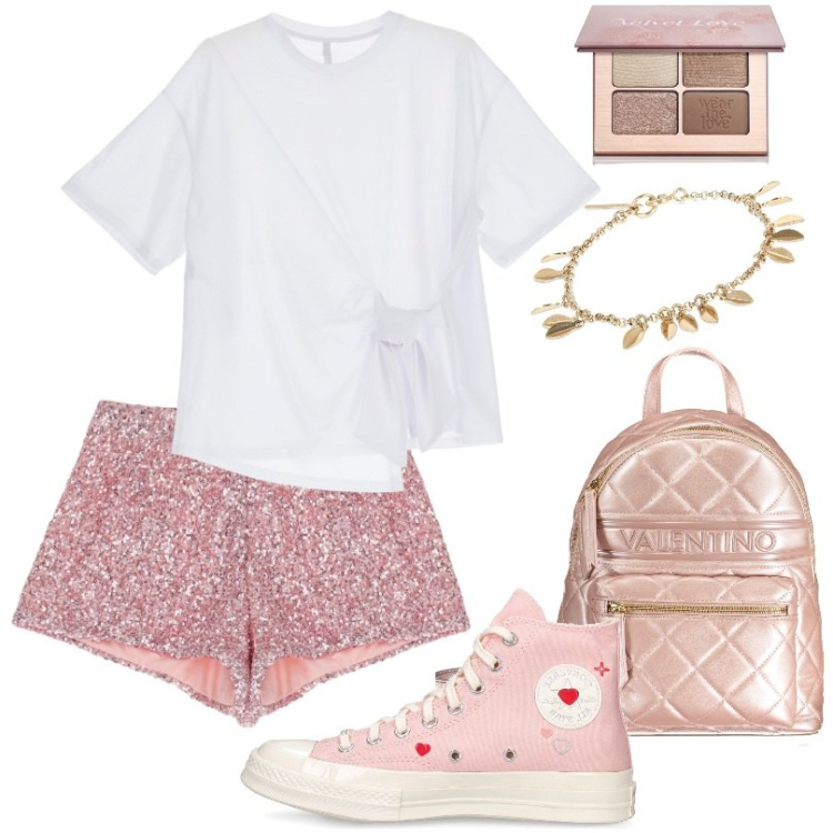 Outfit donna - Shorts con paillettes. Stile Urban per Tutti i giorni. Abbinamento con ombretti, shorts, t-shirt, sneakers, braccialetti, zaini.