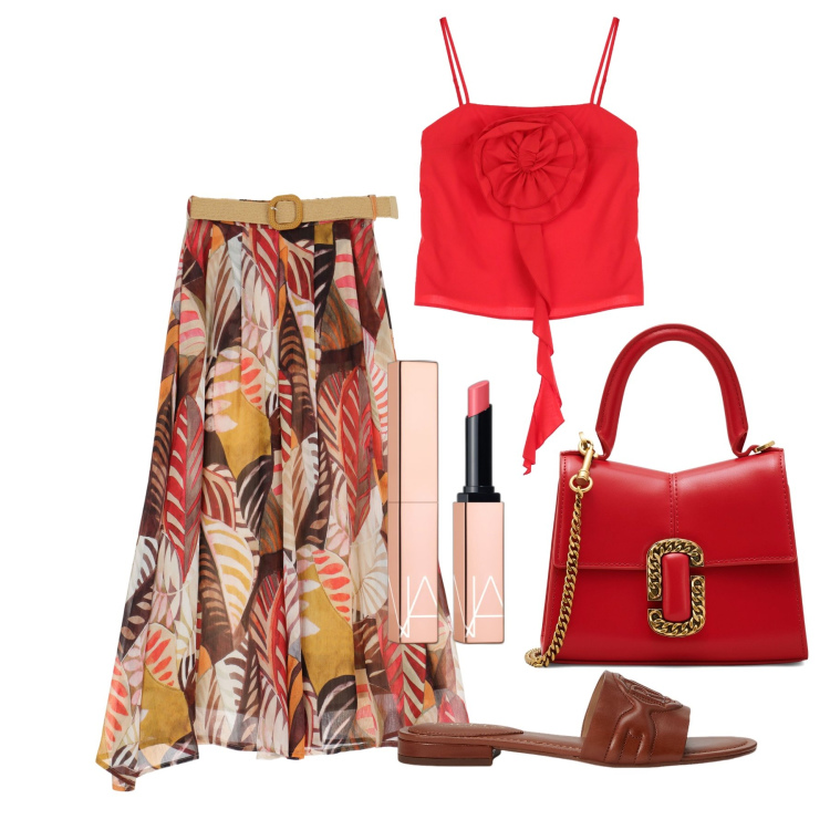Outfit donna - Ghost outfitter - giugno. Stile Trendy per Tutti i giorni. Abbinamento con rossetti, gonne lunghe, top, sandali in pelle, borse a mano.