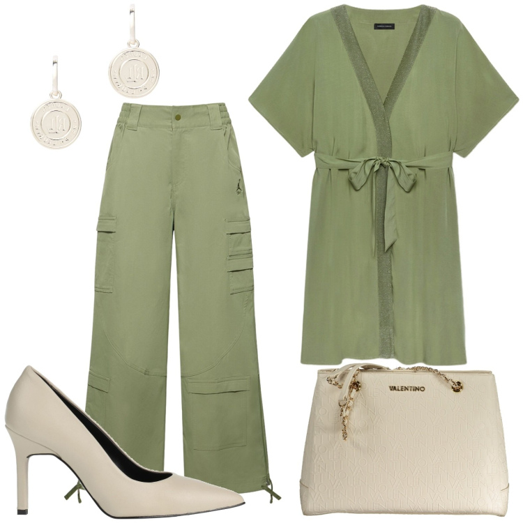 Outfit donna - Completo oliva. Stile Casual per Tutti i giorni. look ideale per Petite. Abbinamento con décolleté, orecchini, pantaloni cargo, bluse, borse a spalla.