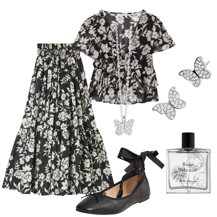 Outfit donna - Fiori e farfalle. Stile Romantica per Tutti i giorni. Abbinamento con profumi, gonne lunghe, bluse, ballerine, orecchini, collane.